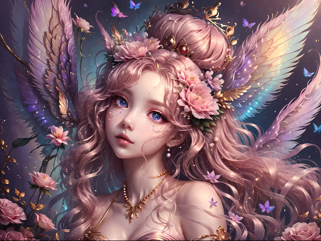 Generate a delicate flower princess in an ethereal grove of flowers. Include floating feathers and ribbons and highly detailed a...