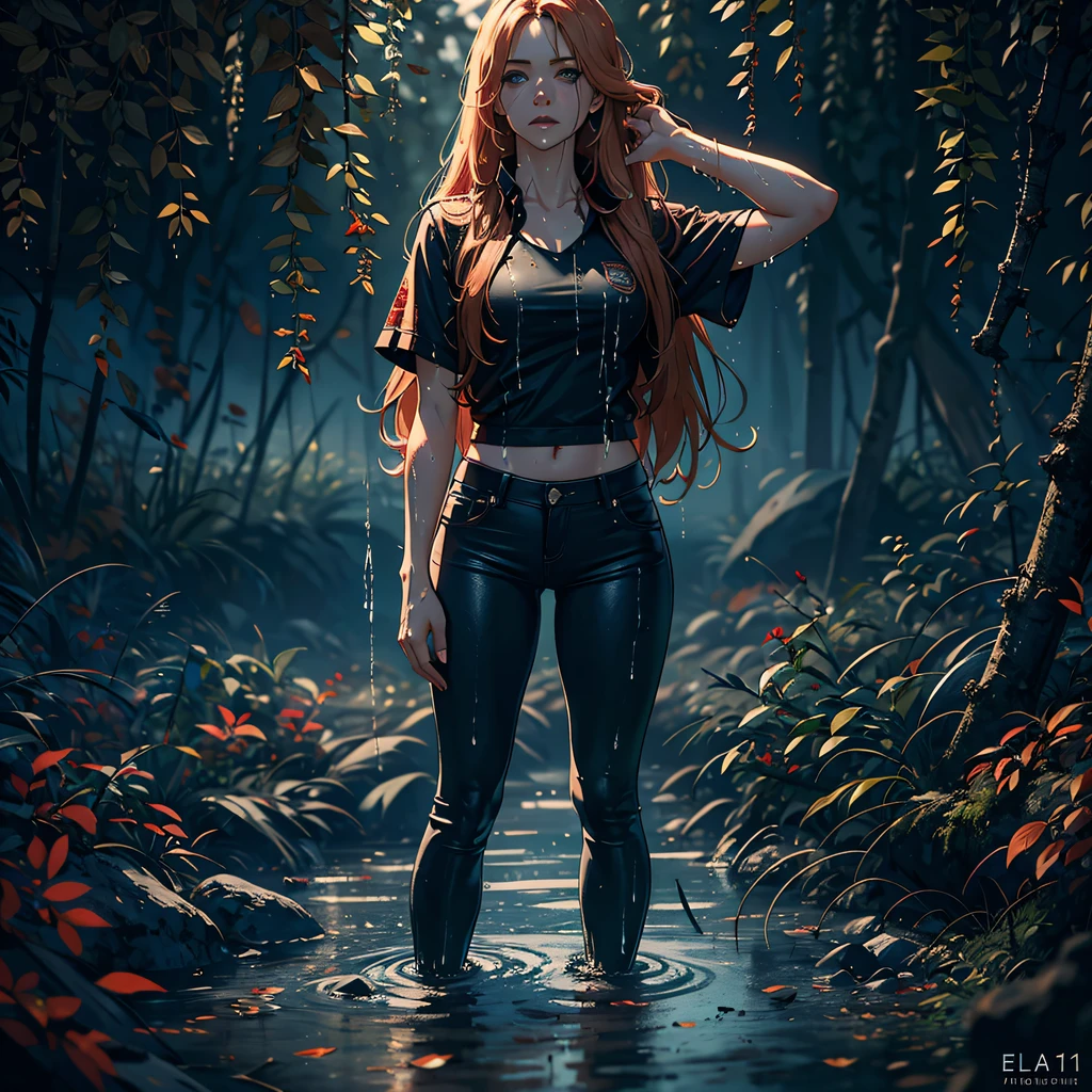 a professional full body length photo of a soaking wet of water ginger Avril Lavigne as mechanic standing on dirty ground, air above head, slate atmosphere, cinematic, dimmed colors, dark shot, muted colors, perfect lighting, perfect shadows, film grainy, lut, insane details, intricate details, hyperdetailed, intricate feathers, glaring eyes, twilight, DOF, lifelike, 8k, ultra quality, lifelike, photo made using Leica Macro Elmar-R 11232 4/100mm 1980, ultra quality post processing