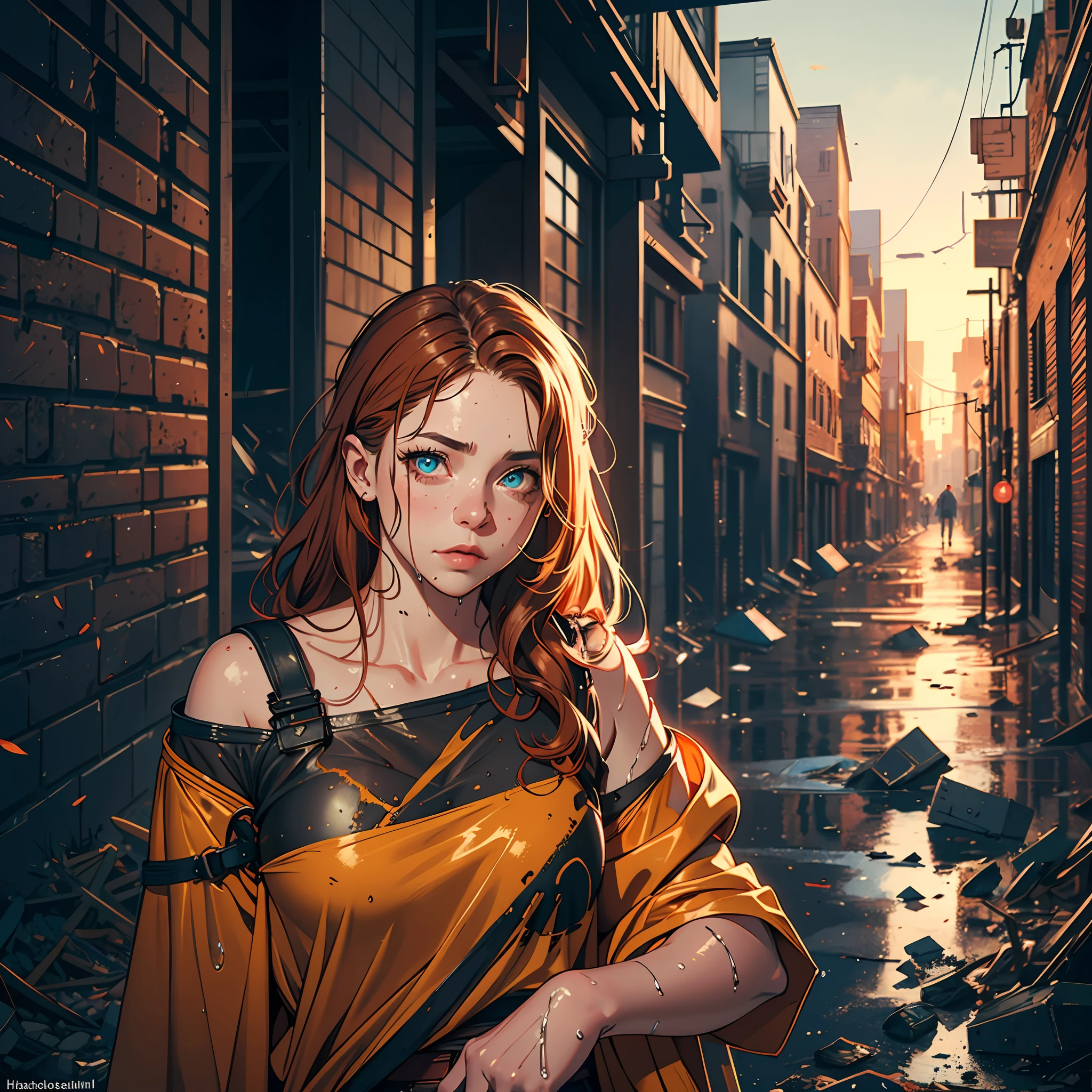 a professional photo of a soaking wet lifelike cute ginger top model woman in ruined city, Hasselblad, masterpiece, dimmed colors, warm shot, muted colors, insane details, intricate details, hyperdetailed, detailed glaring eyes, twilight, 8k, ultra quality,