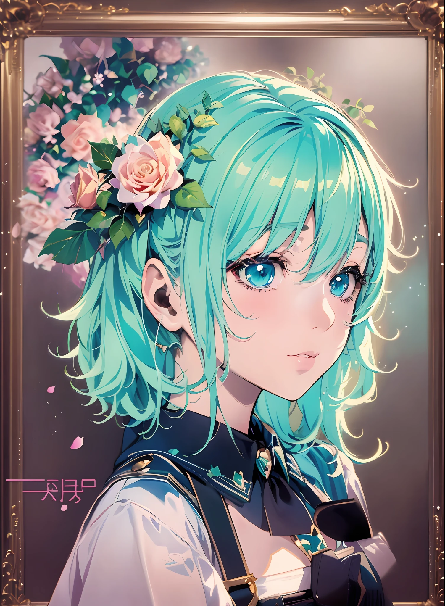 Konmutsuki_gacha_serie1, punk_Rosetón, niña bonita, flores color aguamarina, cuerpo completo, fondo de flores elegantes、Detalles oculares altamente detallados、Detalle de retrato de estilo de pintura muy detallado.