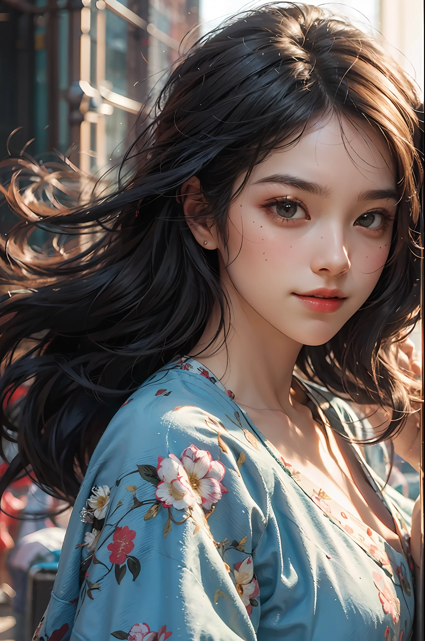 Best Quority， masterpaintings， photo realistic， Complicated details， OriginalPhoto， Photon rendering， octane render of the， Preposterous， superdetailed， Detailed face， Detailed skins， artstation trend， 8K masterpiece， cinematlic lighting， （ （1girl huge large breasts）），（（独奏）），（（looking_at_viewer））， CG Social Trends，plastics，（（cabelos preto e longos）），（（Beautiful woman）），（smil），）），wind blown hair， （（wispy hair）），cheerfulness，fashion magazine，Look at it from above