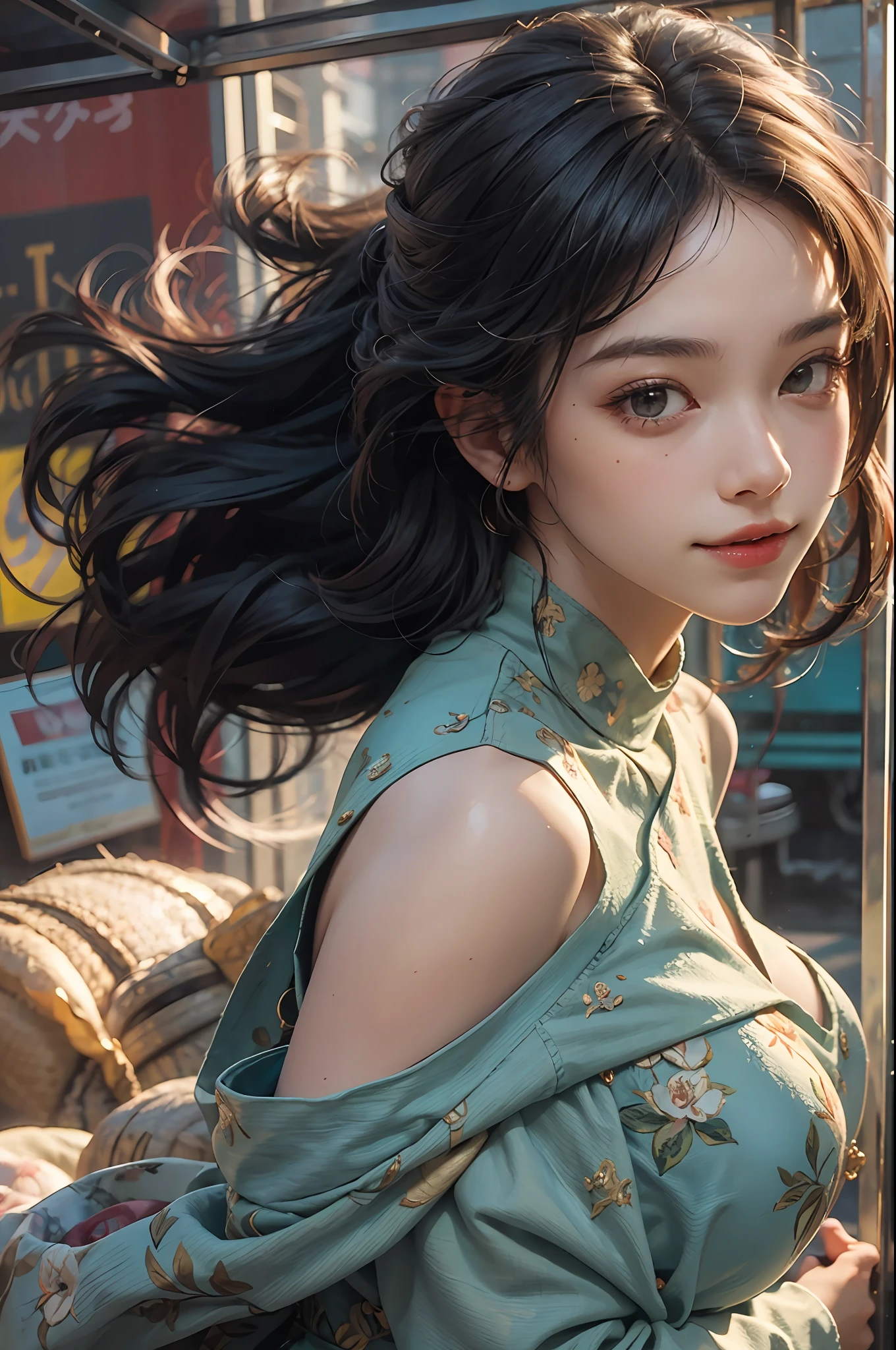 Best Quority， masterpaintings， photo realistic， Complicated details， OriginalPhoto， Photon rendering， octane render of the， Preposterous， superdetailed， Detailed face， Detailed skins， artstation trend， 8K masterpiece， cinematlic lighting， （ （1girl huge large breasts）），（（独奏）），（（looking_at_viewer））， CG Social Trends，plastics，（（cabelos preto e longos）），（（Beautiful woman）），（smil），）），wind blown hair， （（wispy hair）），cheerfulness，fashion magazine，Look at it from above