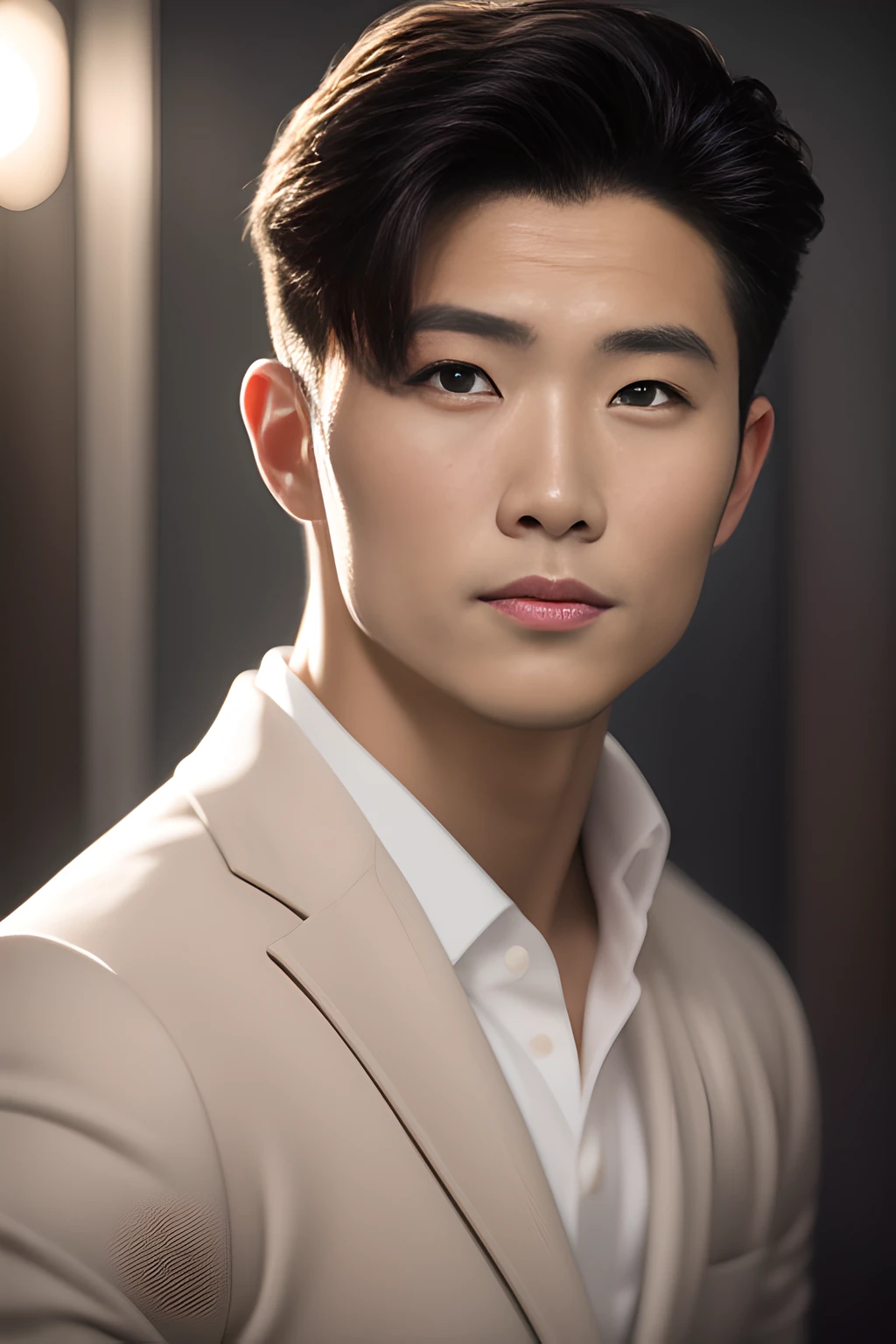 A stunning depiction of a handsome Asian male with chiseled features, perfectly styled hair, and piercing eyes. The lighting should amplify his striking appearance, giving emphasis to his sharp jawline and cheekbones. The setting should complement his features, utilizing a neutral background with either warm or cool tones depending on the desired visual impact.