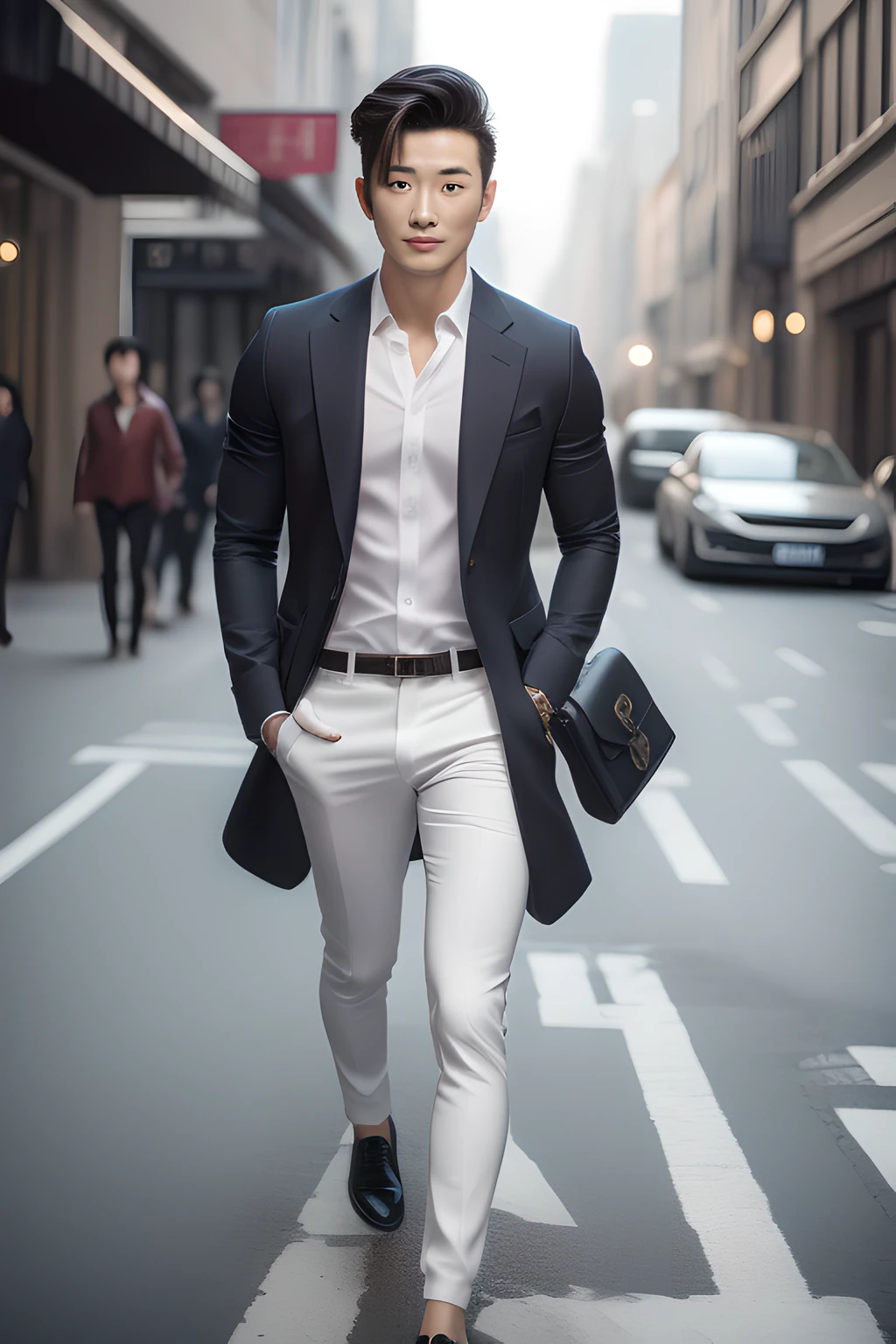 Detailed, realistic and handsome Chinese male with a confident expression, wearing modern and fashionable clothing in a dynamic urban environment.