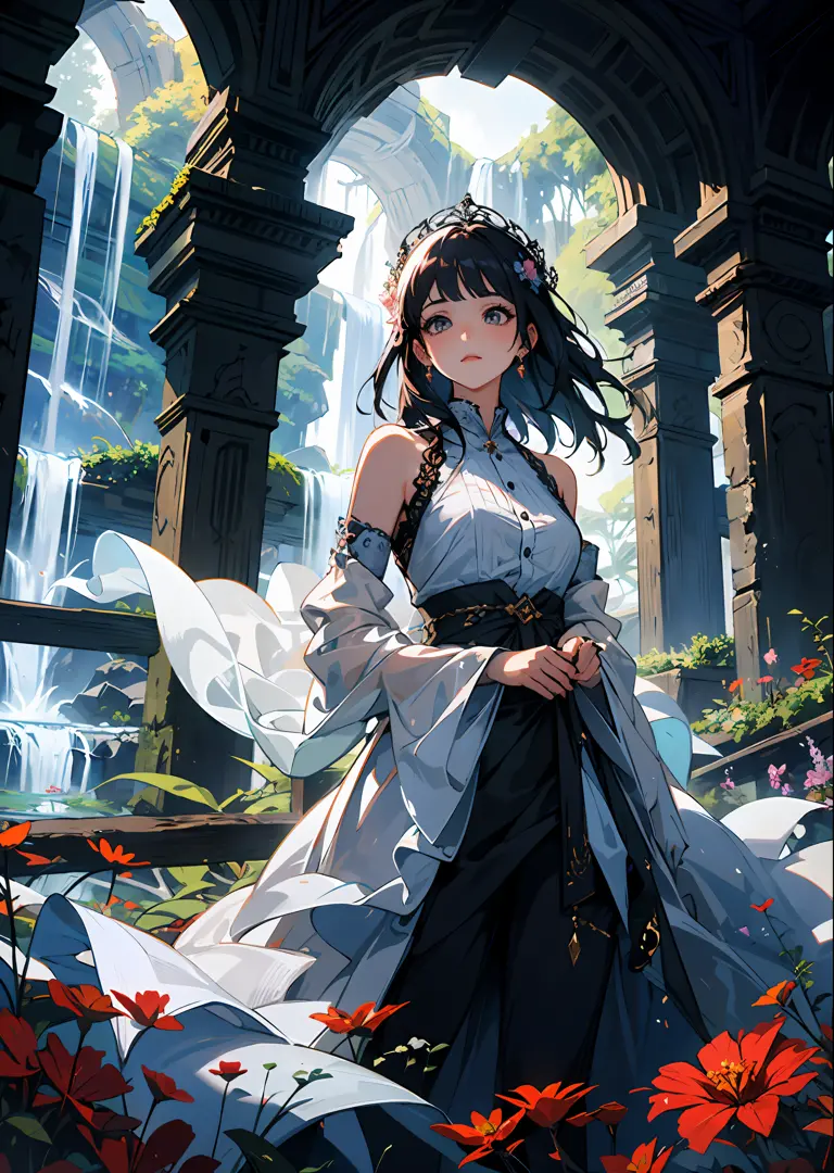 In a hidden realm, a girl stands before a cascading waterfall, her attire blending seamlessly with nature's beauty. A flowing gown adorned with delicate floral patterns drapes around her, mirroring the vibrant blossoms that adorn the surrounding landscape....