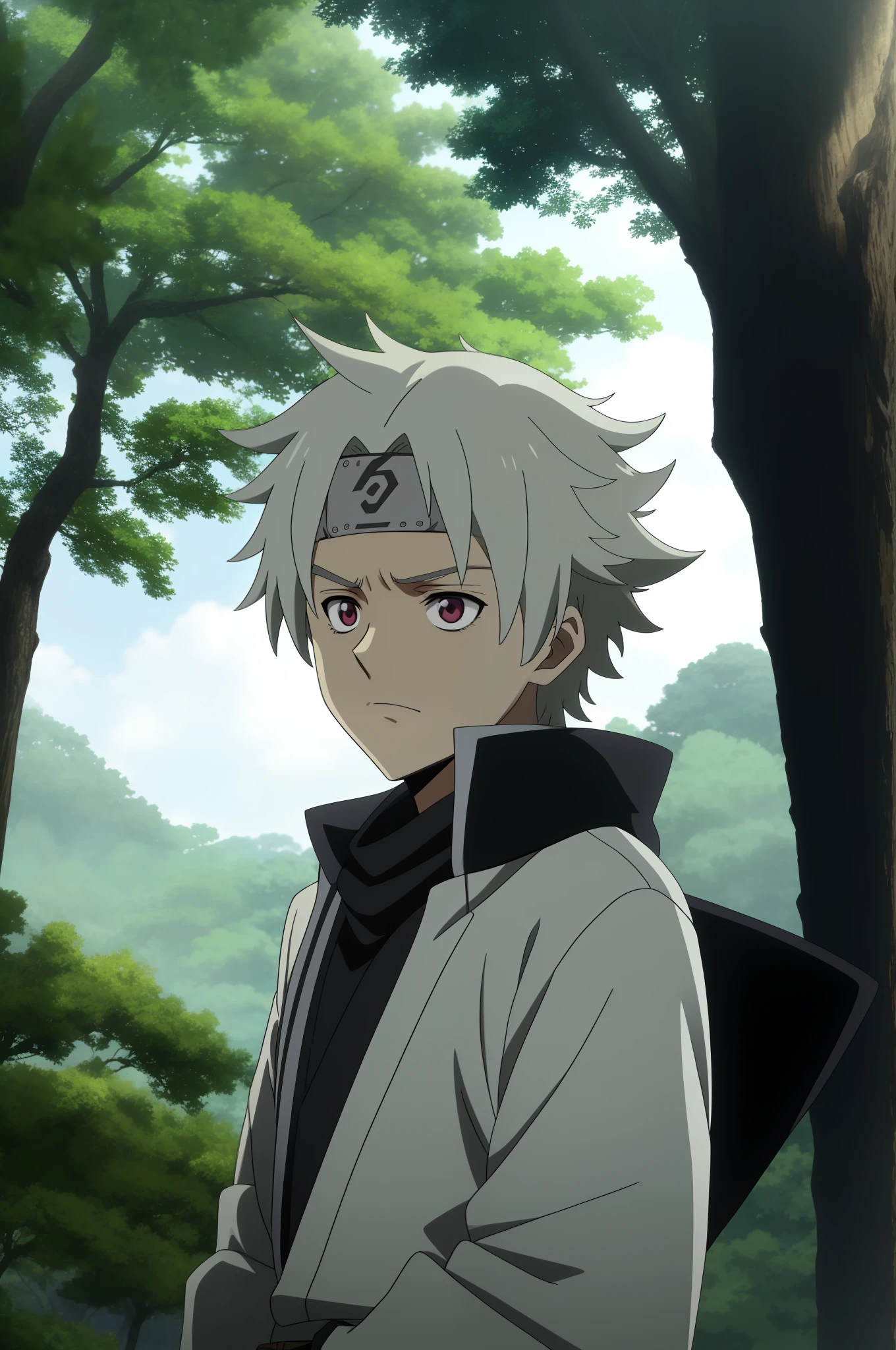 anime character with blonde hair and red eyes, Sharingan ,standing in a forest, official anime, kakashi hatake, from naruto, offcial art, nagito komaeda, high quality anime movie still, Wataru Kajika, white fox anime, okata kazuto., 8k!!, in the anime film