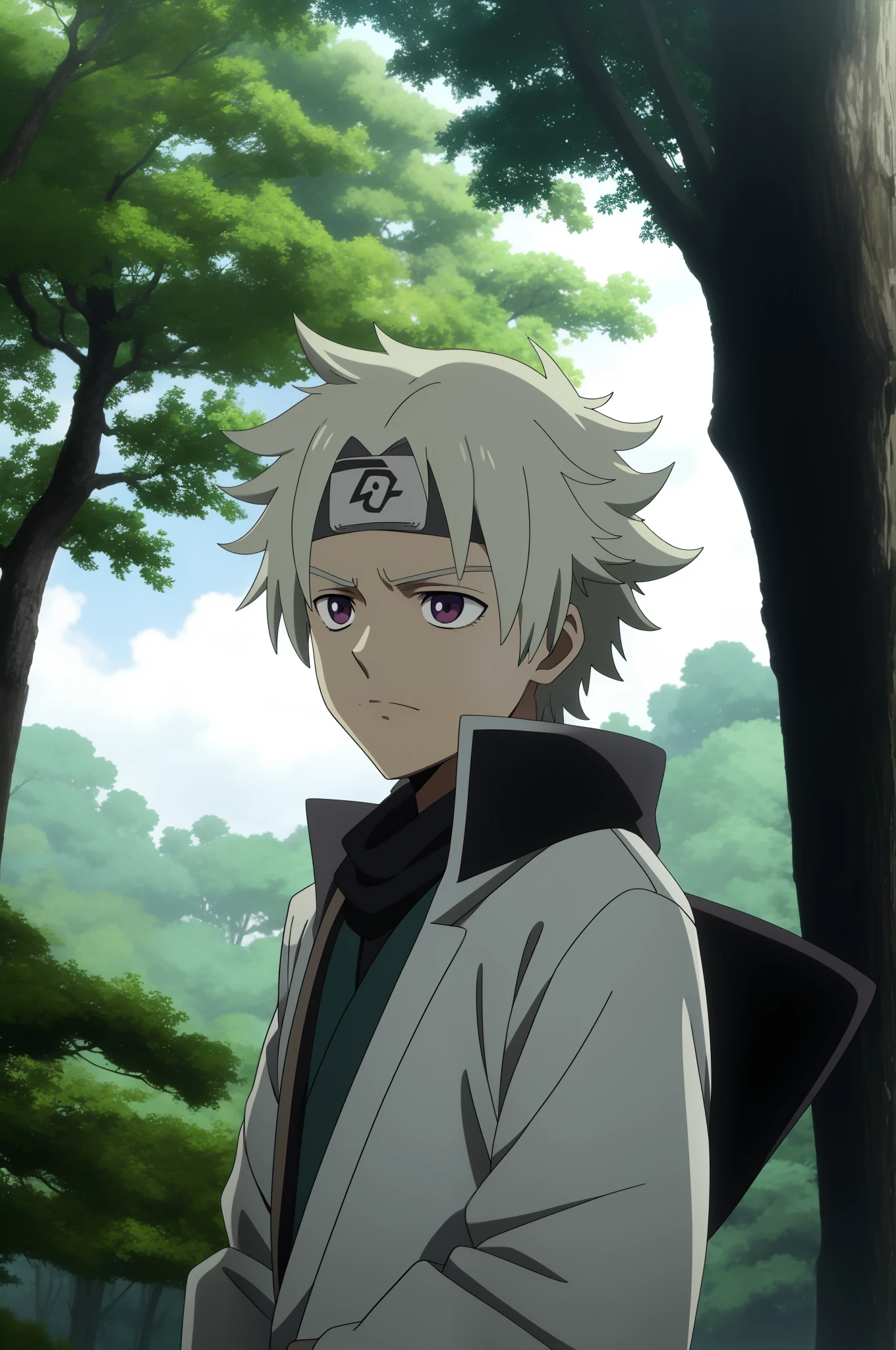 anime character with blonde hair and red eyes, Sharingan ,standing in a forest, official anime, kakashi hatake, from naruto, offcial art, nagito komaeda, high quality anime movie still, Wataru Kajika, white fox anime, okata kazuto., 8k!!, in the anime film