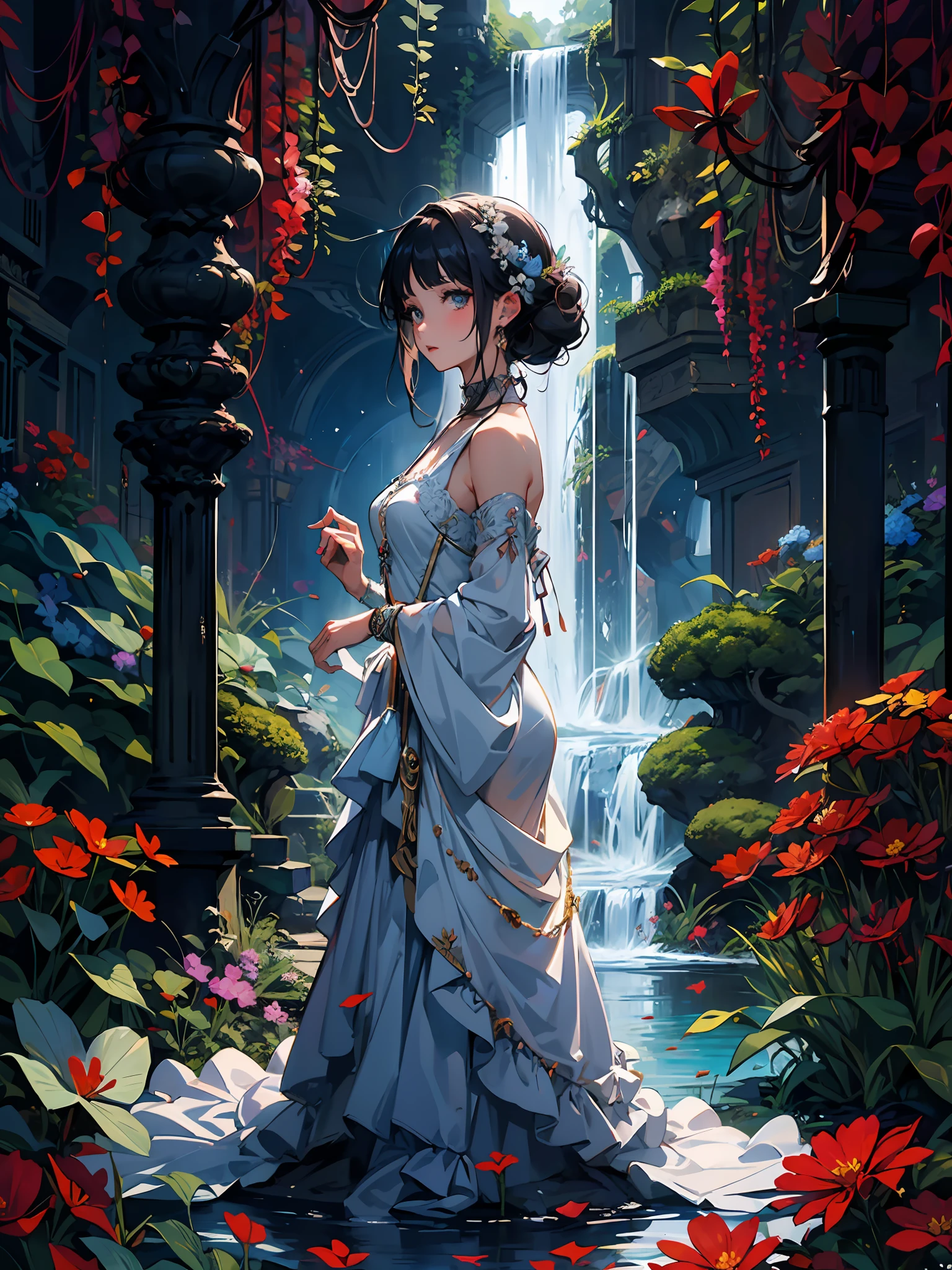 Em um reino oculto, a girl stands before a cascading waterfall, seu traje se mistura perfeitamente com a beleza da natureza. A flowing gown adorned with delicate floral patterns drapes around her, espelhando as flores vibrantes que adornam a paisagem circundante. Sunlight dances on the water's surface, casting an ethereal glow upon her face, as if she is the embodiment of the enchantment that permeates this mystical haven.