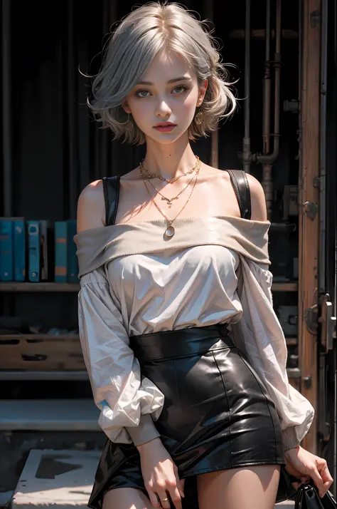 Best Quality, Ultra High Resolution, (Realistic:1.4), 1 Girl, Off-the-Shoulder White Shirt, Black Tight Skirt, Black Necklace, (Faded Gray Gray Hair:1), (:1.2), Looking at the Viewer, Close Up ,