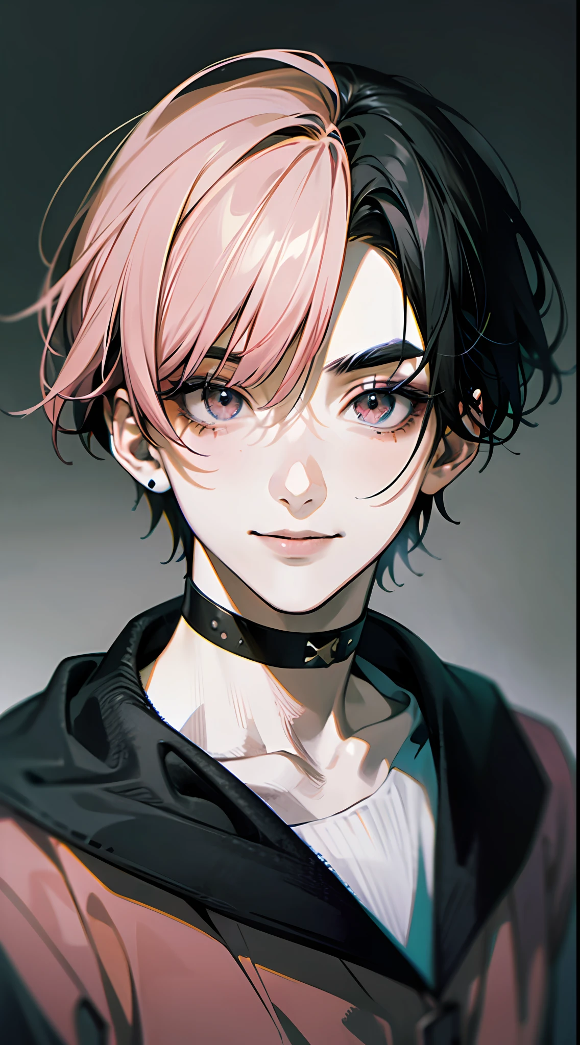 1boy, (Grey Eye) ((Pink Hair Color| black hair color)) , short hair, pink clothes, piercings, a smile, ((solo)), Evil eyebrows, (gray eyes color), (close up face, Masterpiece, Best Quality:1.2), 8K, offcial art, absurdres,(very dark Grey  background:1.4), ultra realistic, high-definition, Photography, Film grain, chromatic aberration, sharp-focus, HDR, Colorless eyes