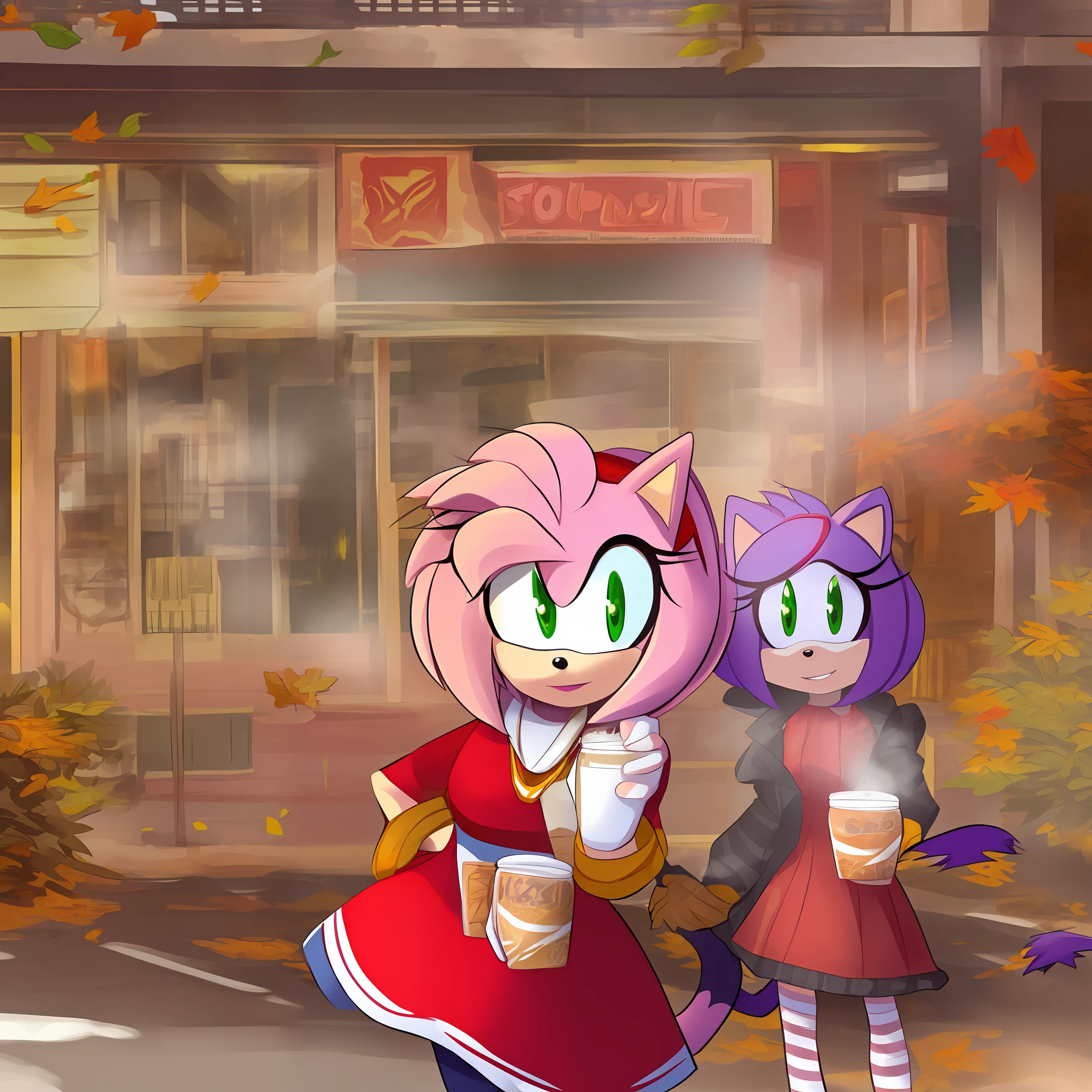 estilo-rustmagic, (((Amy Rose : arde el gato : .75))), (vestido de látex, (vestido rojo, (Franja blanca))), café, Afuera, paisaje urbano, Afuera cafe, taza humeante, hojas en el viento, (caer), (sonrisa), mirando al espectador, chaqueta sobre vestido, collar de oro,