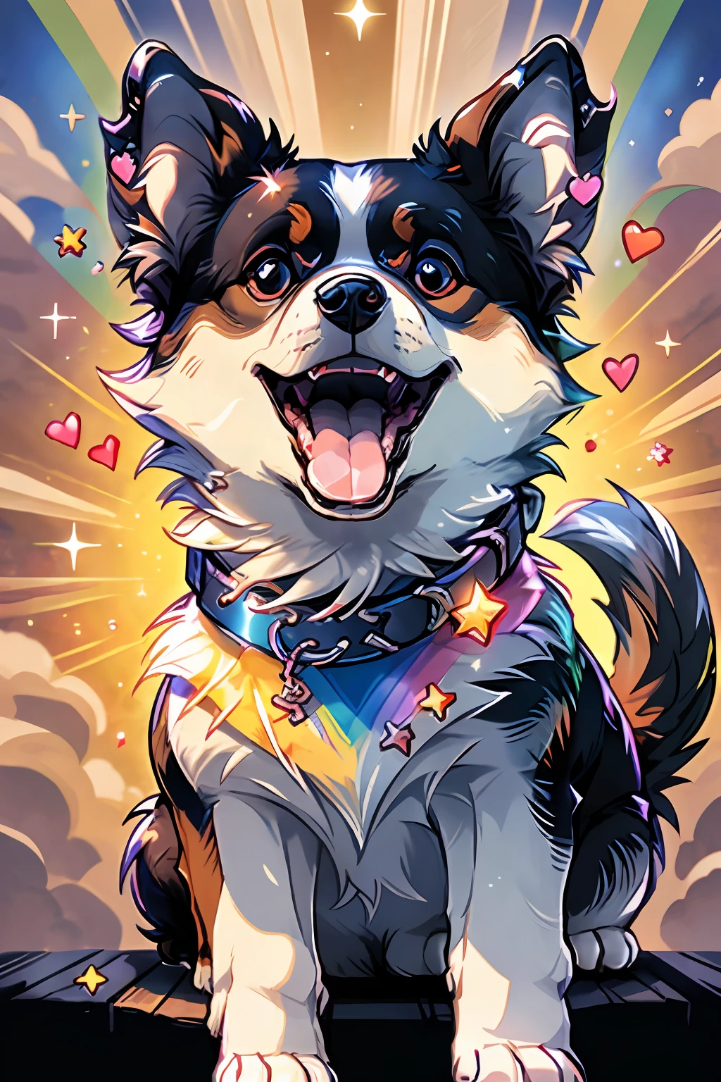 Niji Pride, solo, smile, open mouth, tail, heart, tongue, tongue out, star (symbol), collar, no humans, sparkle, fangs, looking up, dog, animal focus, sparkling eyes, fluffy