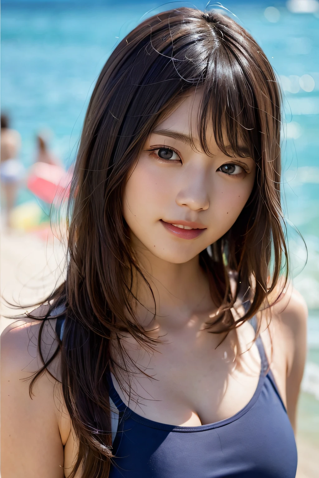 (8K、Raw photography、最好质量、巨作:1.2)、(realisitic、photoreallistic:1.37)、ultra hyper-detailed、ultra-high-resolution、女の子1人、see the beholder、beautiful  detailed face、a smile、Constriction、(Slim waist) :1.3)、Beautiful detailed skin、Skin texture、Floating hair、Professional lighting、Whole human body、Longhaire、a blond、the beach、swimming uniforms、bikinis、sexypose