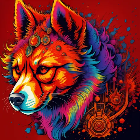 a red dog head, with explosion of colors in the background art line art for shirt