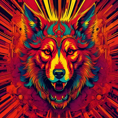 a red dog head, with explosion of colors in the background art line art for shirt