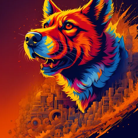 a red dog head, with explosion of colors in the background art line art for shirt