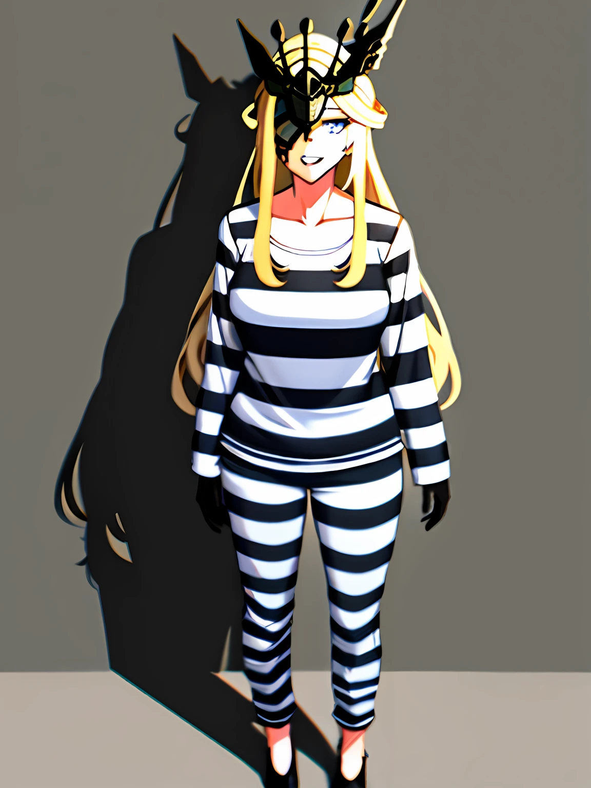 1girl, solo, blonde hair, gloves, blue eyes, long hair, black gloves, mask, one eye covered, elbow gloves, collarbone, black mask, looking at viewer, signora \(genshin impact\), (mature female:1.16), bad-girl, priclothes, striped clothes, outfit, clothing, prisoner, mature female, long sleeves, pants, full body