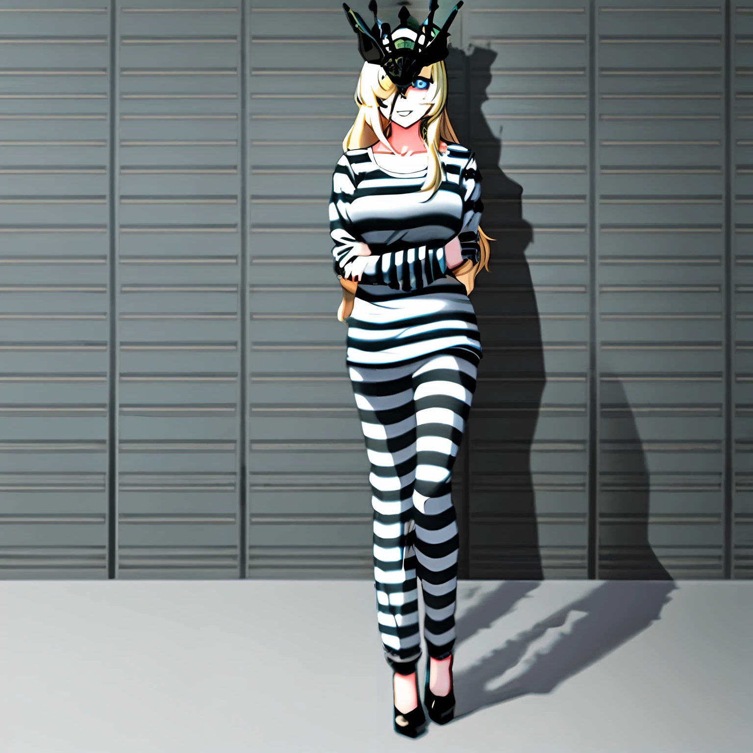 1girl, solo, blonde hair, gloves, blue eyes, long hair, black gloves, mask, one eye covered, elbow gloves, collarbone, black mask, looking at viewer, signora \(genshin impact\), (mature female:1.16), bad-girl, priclothes, striped clothes, outfit, clothing, prisoner, mature female, long sleeves, pants, full body