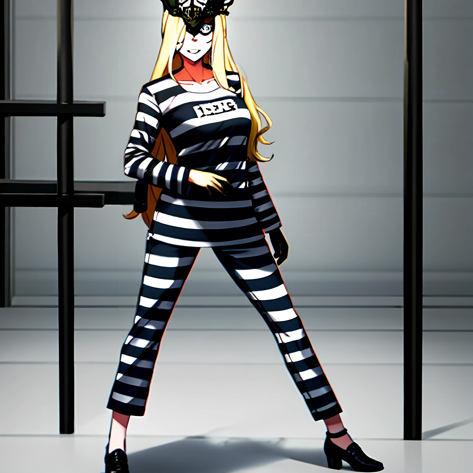 1girl, solo, blonde hair, gloves, blue eyes, long hair, black gloves, mask, one eye covered, elbow gloves, collarbone, black mask, looking at viewer, signora \(genshin impact\), (mature female:1.16), bad-girl, priclothes, striped clothes, outfit, clothing, prisoner, mature female, long sleeves, pants, full body