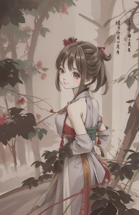 (masterpiece),best quality,good anatomy, shuimobysim,arms behind back,(1 girl:1), (upper body),(smile),short hair,(hanfu),(ecchi0.5), (trees:0.5), (flowers:0.6) ,(wooden house:0.2),(bamboo forest:0.2),(creek:0.2),(river:0.2),