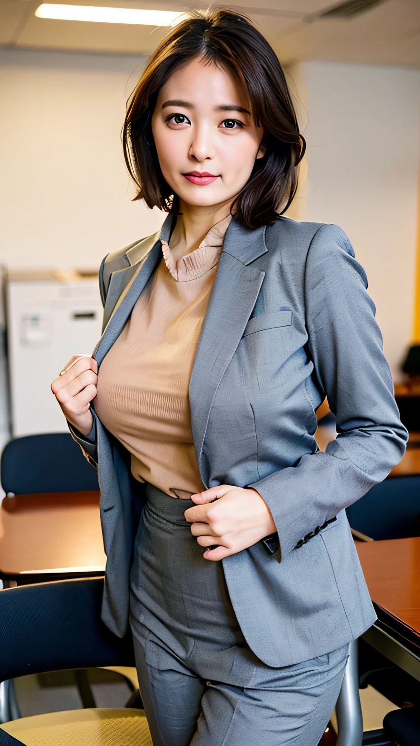 (Top Quality, 8k, 32k, Masterpiece, UHD: 1.2), 1 girl, beautiful Japan woman, thin waist, gray suit, open jacket, office lady, suit, pants, from the front, office, desk, (sticking out the buttocks: 1.2), fine face, short hair,