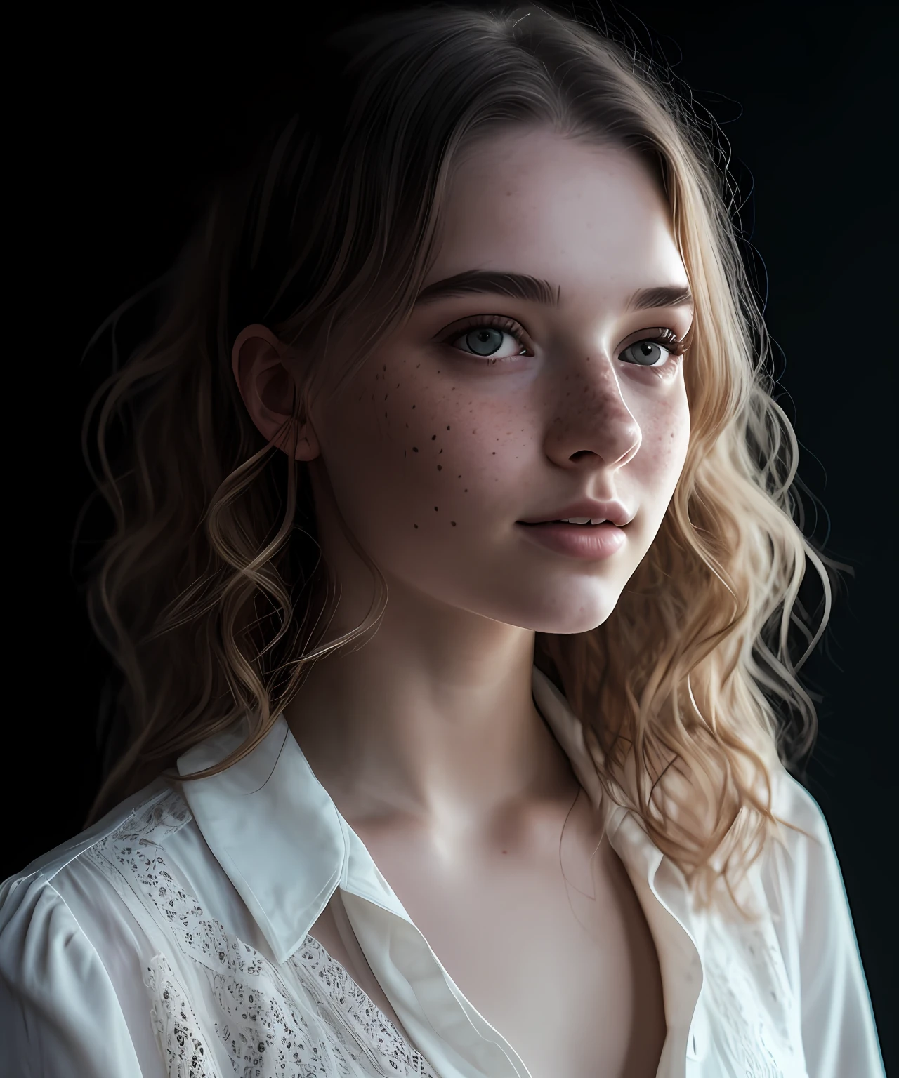 Close-up, beautiful girl, physical rendering photo of an 18 year old girl, curls, freckles, unbuttoned, white blouse, black background, light on face, dream, magical atmosphere, cinematic lighting, embers, fantasy, action pose, mist, CRU photo, 8k uhd, film grain