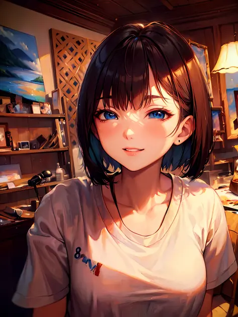 ((Best Quority, 8K, masterpaintings:1.3)), ，A woman with short hair sits in front of the camera，big-eyed eyes，smil，short sleeve T-shirts，The background is indoors，white-skinned，Makoto Shinkai painting style，By bangs，双眼皮