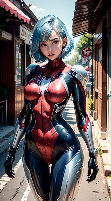 Beautiful woman detailed defined body using Spider-Man role-playing，high and cold expression，Mecha combat suit，Mecha Spider-Man ...