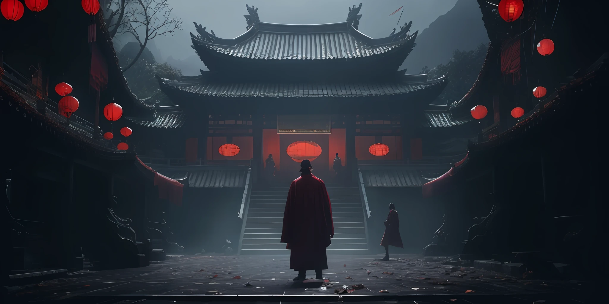 arafed image of a man in a red robe standing in front of a building, cyberpunk chinese ancient castle, cyberpunk japanese temple, chengwei pan on artstation, Cyberpunk temple, sekiro in bloodborne world, andreas rocha style, cinematic cgsociety, cinematic beeple, akihiko yoshida. Unreal Engine, Cinematic. author：leng jun