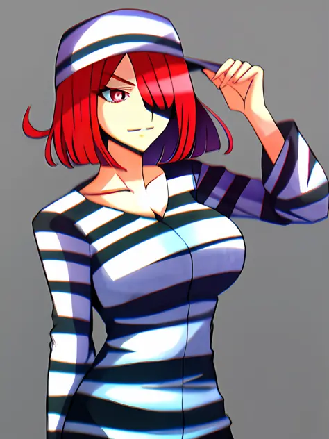 bob cut, hair over one eye, red eyes, long sleeves, priclothes, striped clothes, outfit, clothing, prisoner, red hair, bad-girl,...