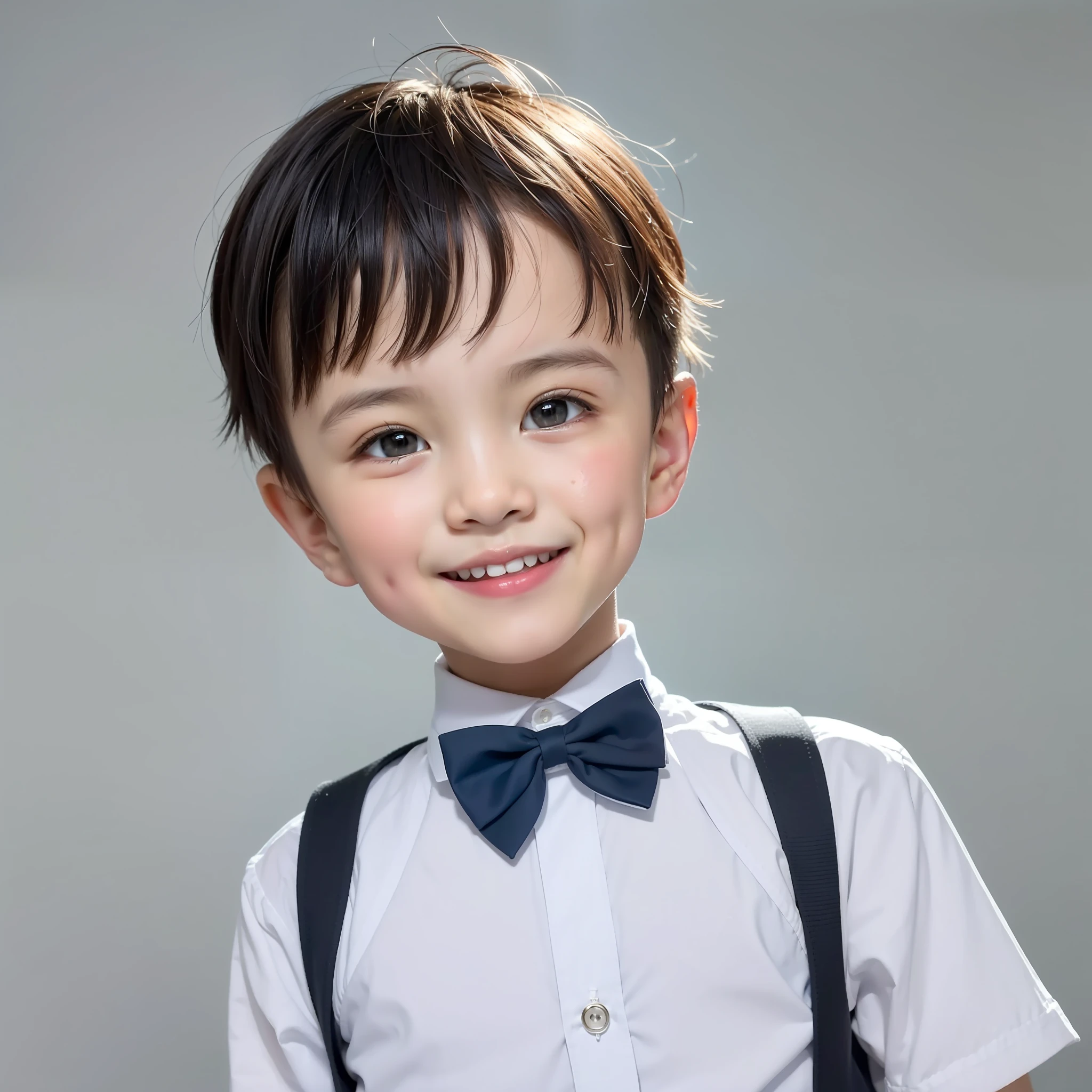 estilo moderno, fundo branco, Foto de identificação de criança chinesa, bonito, menino sorridente, olhos pretos, cabeça plana, gravata borboleta