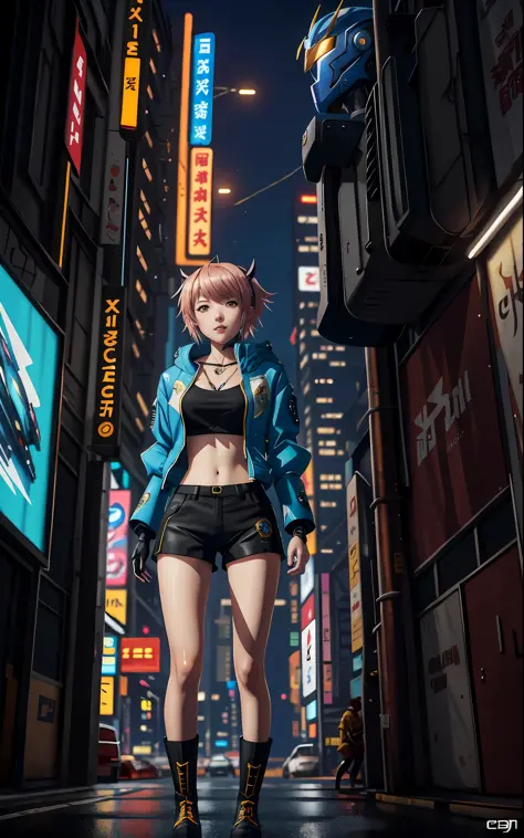 anime girl in short shorts and jacket standing next to giant robot, artwork in the style of guweiz, cyberpunk anime girl mech, t...