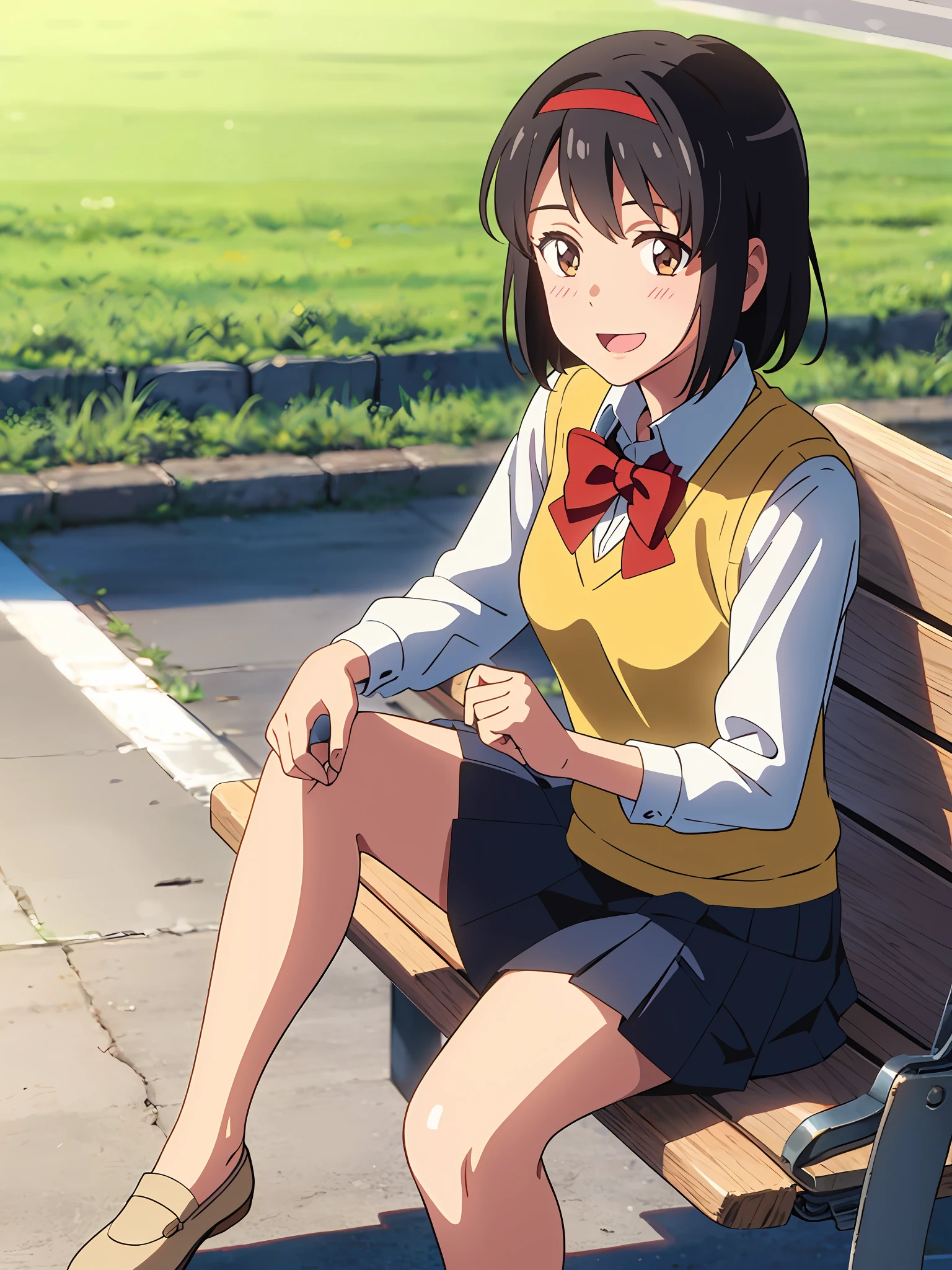 shinkai makoto, kimi no na wa., 1girl, bangs, black hair, blush, bow, bow, brown eyes, collared shirt, headband, headband, looking at the audience, red bow, red bow, red headband, red ribbon, Ribbon, , shirt, short hair, smile, solo, sweater vest, upper body, vest, white shirt, yellow sweater vest, yellow vest, smile, happy, open mouth, sitting on a bench with her feet up, afternoon hangout, sitting down casually