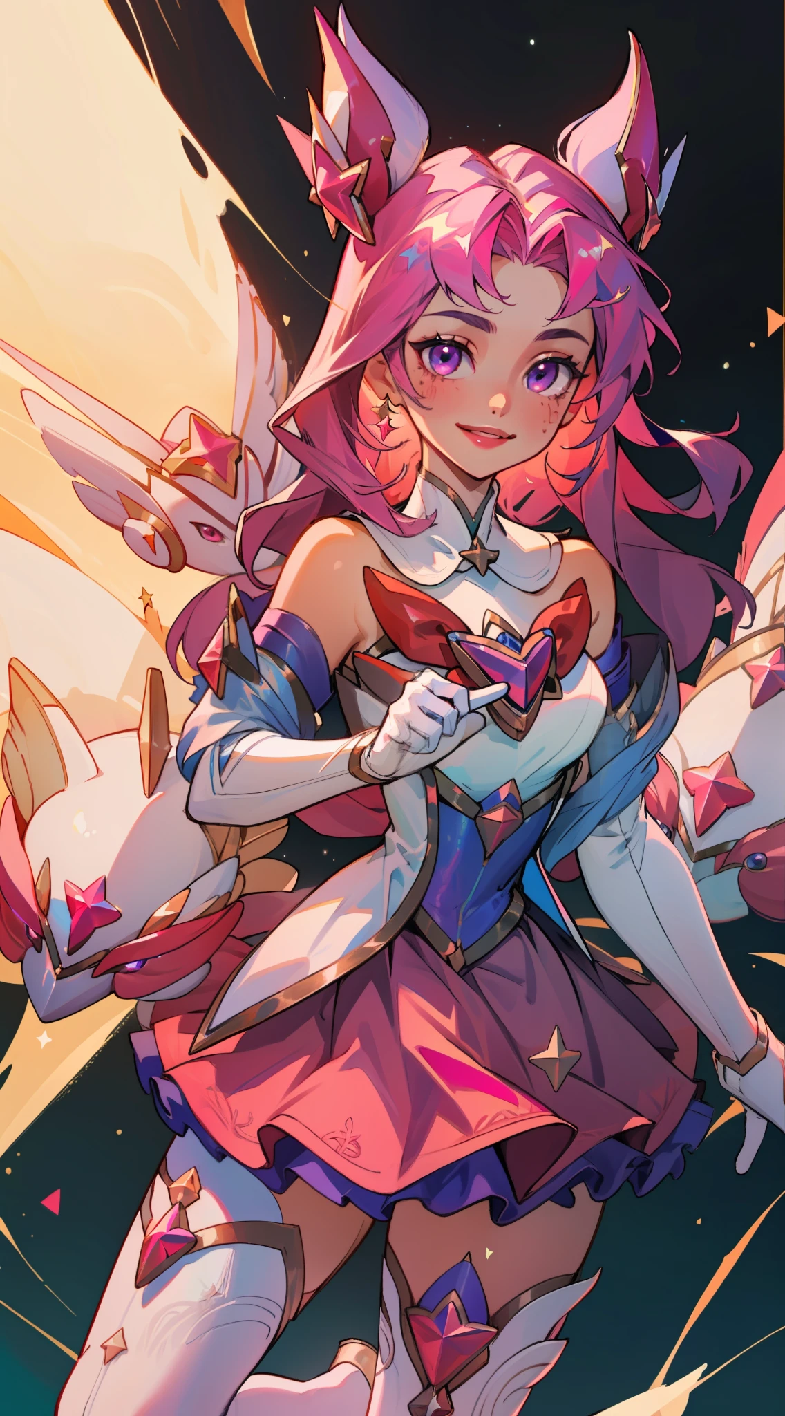 (masterpiece, best quality),  intricate details, 8k, artstation, wallpaper, official art, splash art, sharp focus,
1girl,   Star_Guardian_Kai'Sa, white_legwear, white_gloves, pink_skirt,, smile