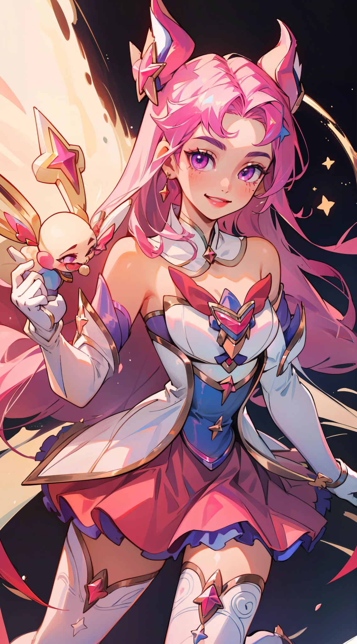 (masterpiece, best quality),  intricate details, 8k, artstation, wallpaper, official art, splash art, sharp focus,
1girl,   Star_Guardian_Kai'Sa, white_legwear, white_gloves, pink_skirt,, smile