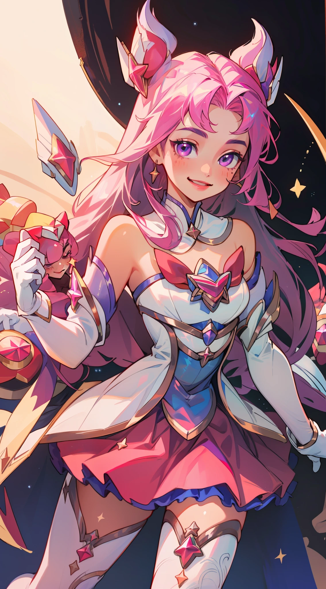 (masterpiece, best quality),  intricate details, 8k, artstation, wallpaper, official art, splash art, sharp focus,
1girl,   Star_Guardian_Kai'Sa, white_legwear, white_gloves, pink_skirt,, smile