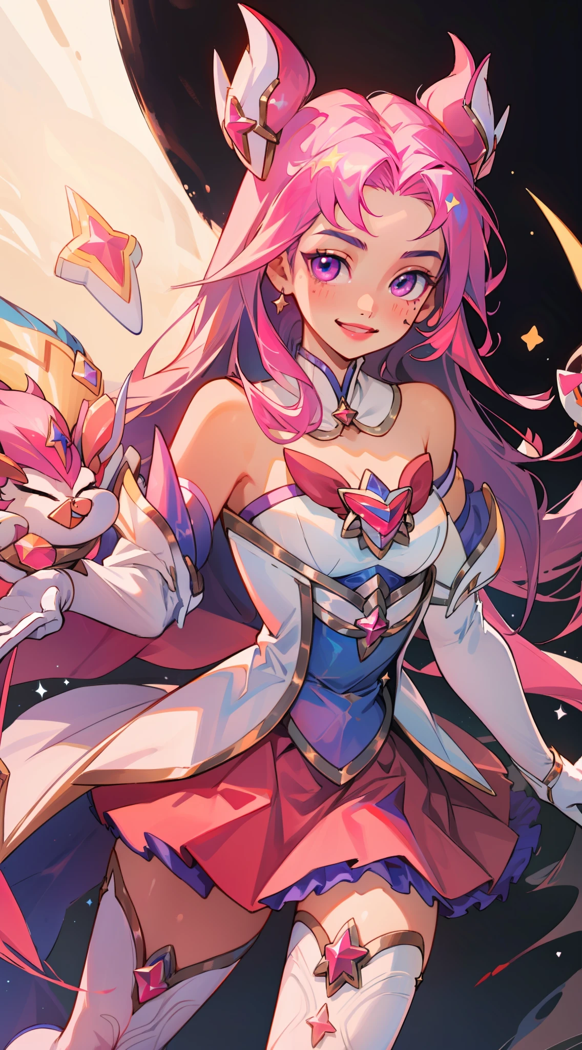 (masterpiece, best quality),  intricate details, 8k, artstation, wallpaper, official art, splash art, sharp focus,
1girl,   Star_Guardian_Kai'Sa, white_legwear, white_gloves, pink_skirt,, smile