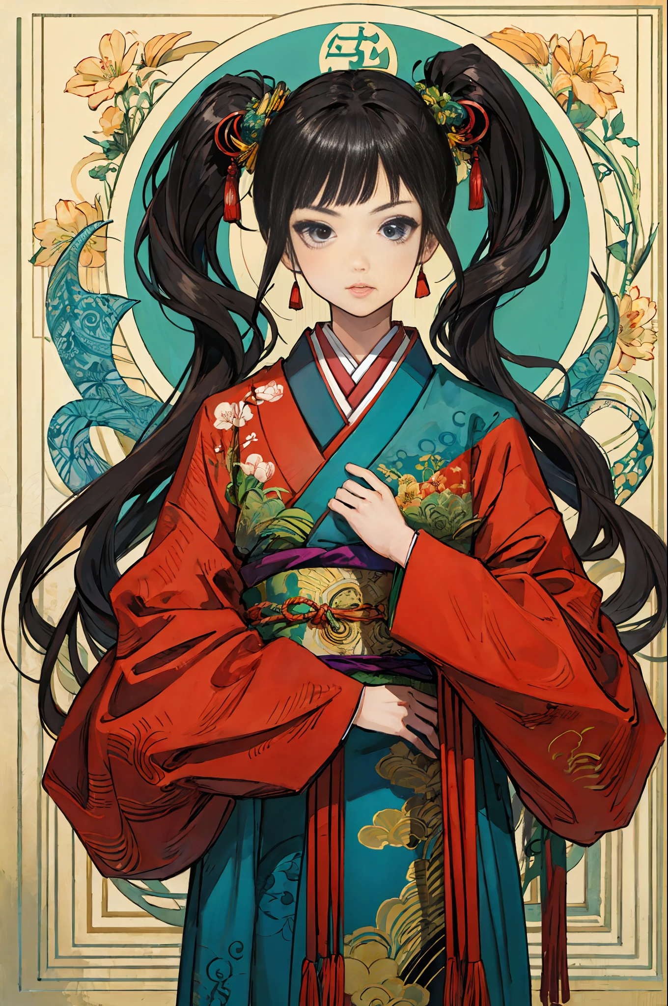 (best quality), oriental detailed background,girl in bionical arms,