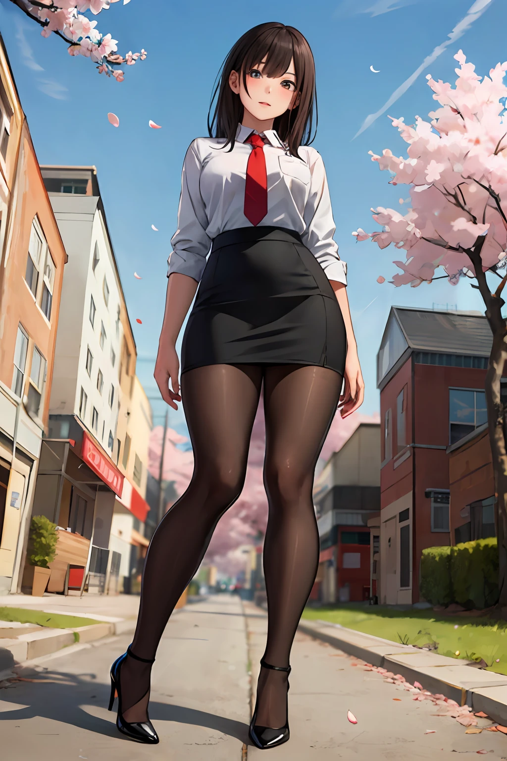 masterpiece, best quality,4girl,young girl, plum_pie eyes, brown, choppy bob,envious _face,shiny skin,medium breasts,nice leg line:1.3,thick thighs, thin waist,school uniform, thighhighs,necktie,((pencil skirt)),red color high heels,   pantyhose, , Pathway_lined_with_blooming_cherry_blossom_trees,,looking at viewer,from below,full body, legsupsexms,