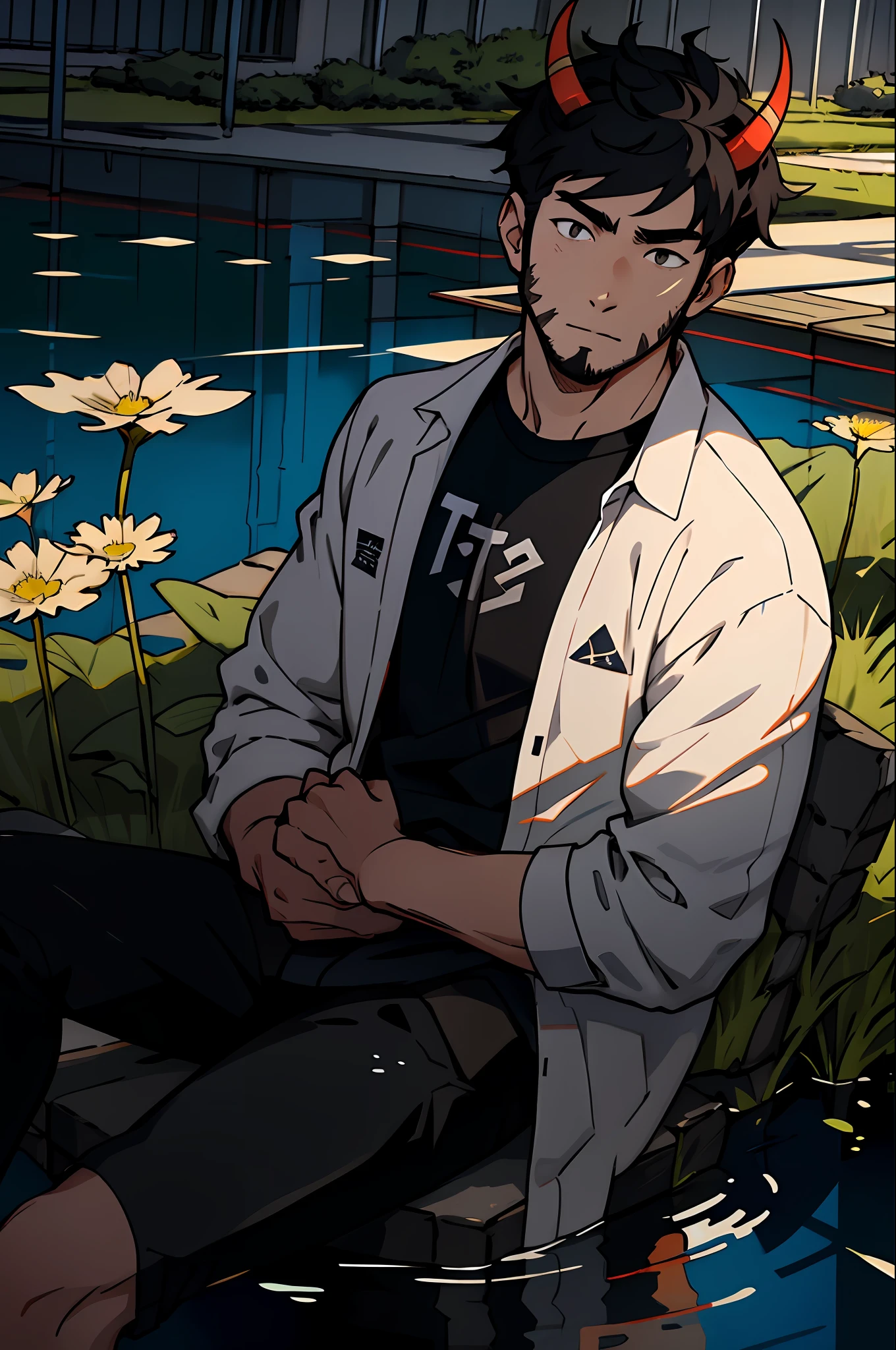 Best quality, masterpiece, expressionless, ultra high res, detailed background, realistic, 1man, solo, male, normal body ratio, 25-year-old male, short black hair, white bangs, very short stubble facial hair, soft smile, small red devil horns, long black fluffy tail, casual clothes, anime fan aesthetic, sitting, water, dandelion field, real shadow and light, depth of field.