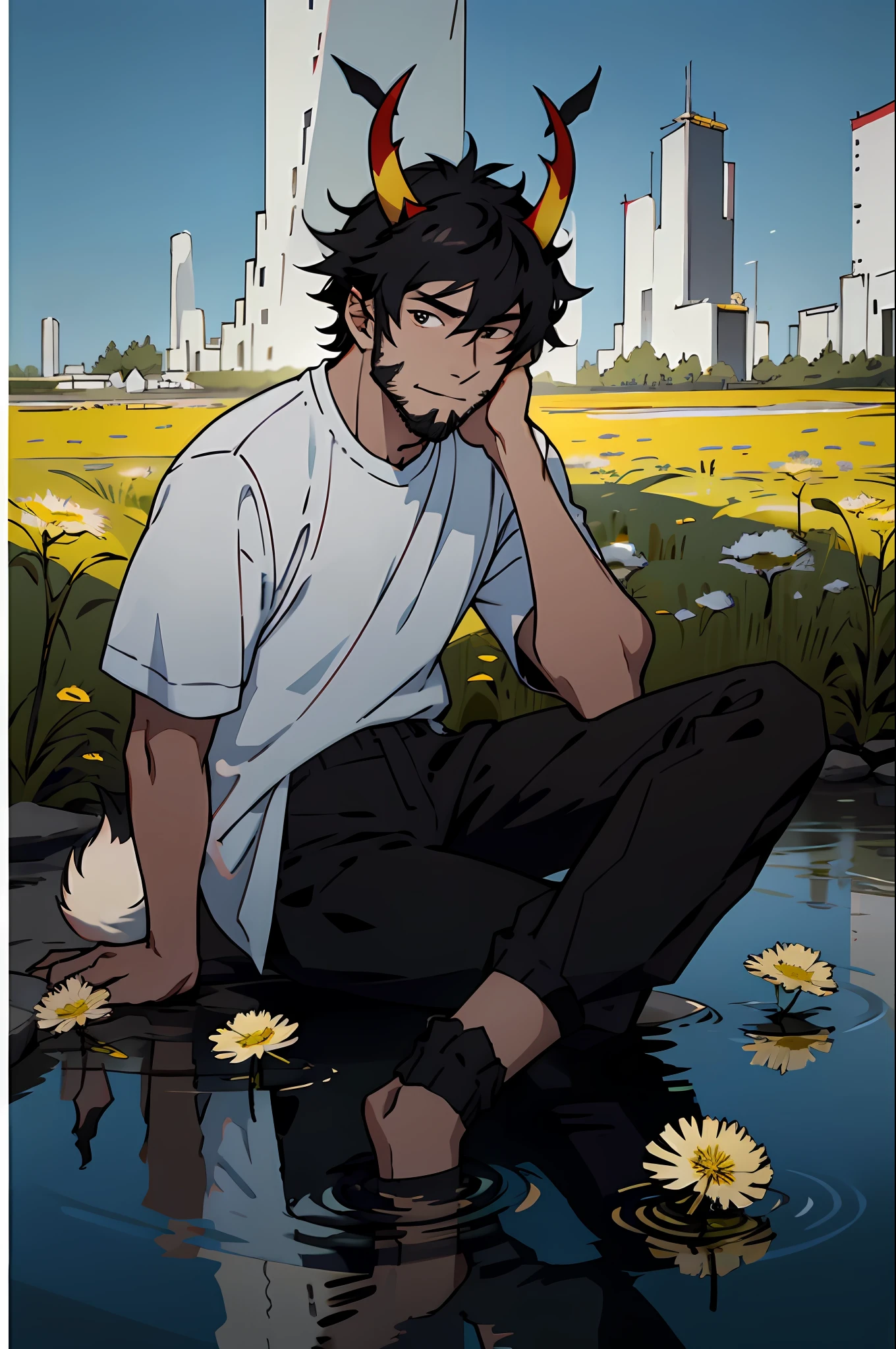 Best quality, masterpiece, expressionless, ultra high res, detailed background, realistic, 1man, solo, male, normal body ratio, 25-year-old male, short black hair, white bangs, very short stubble facial hair, soft smile, small red devil horns, long black fluffy tail, casual clothes, anime fan aesthetic, sitting, water, dandelion field, real shadow and light, depth of field.