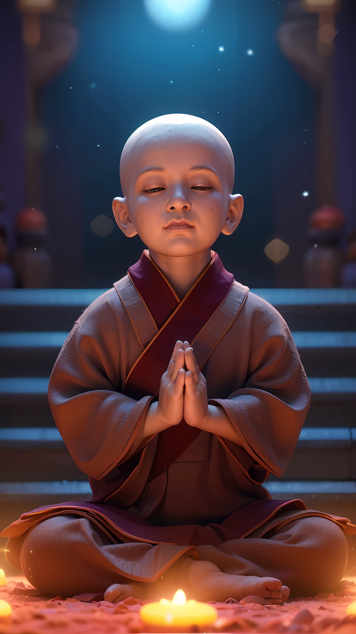 Alpha monks sit in a meditative position，There are candles in front of you, concept art of a monk, childrens art in artstation, monk meditate, Ross Tran 8 K, wojtek fus, rossdraws global illumination, Guviz-style artwork, 3 d render beeple, cute digital painting, Personagem pequeno. Unreal Engine 5