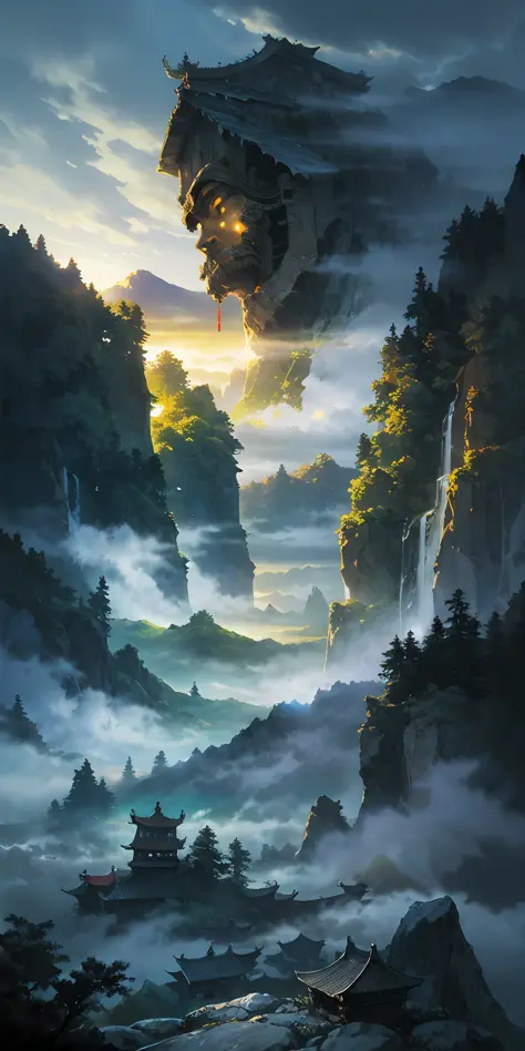 “（（masterpaintings）），High quality，Super meticulous，A majestic ancient Chinese city in the mountains，surrounded by cloud，dense fog，stunning lighting effects，A spectacle of pure natural beauty。”