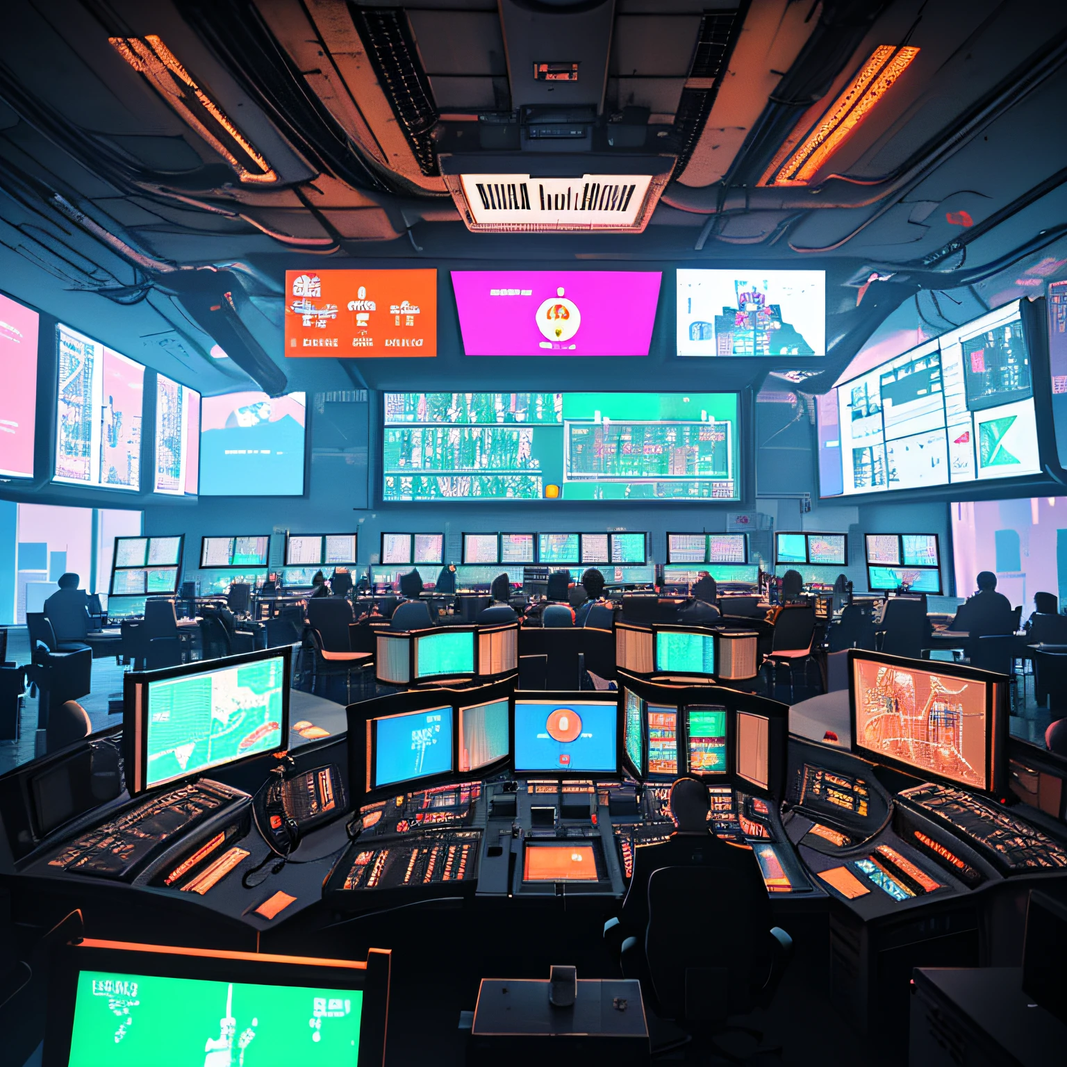 极简主义构图, 许多霓虹灯, 巨大的飞行控制室, 中间有巨大的屏幕, 一群科学家看着屏幕, 美丽的光影, 高细节, 赛博朋克, 电影灯光, 32K, 运营中心, 实际的