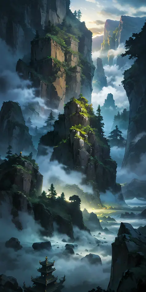 “（（masterpaintings）），High quality，Super meticulous，A majestic ancient Chinese city deep in the mountains，surrounded by cloud，dense fog，stunning lighting effects，A spectacle of pure natural beauty。”