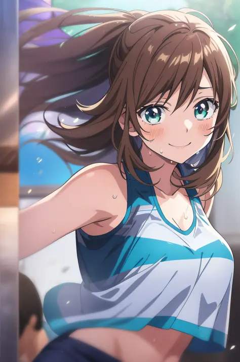 (best quality,anime,anime art style:1.2), young girl, 13years old, sweat,cheer leader,Intense angle,speedy movement,looking away...