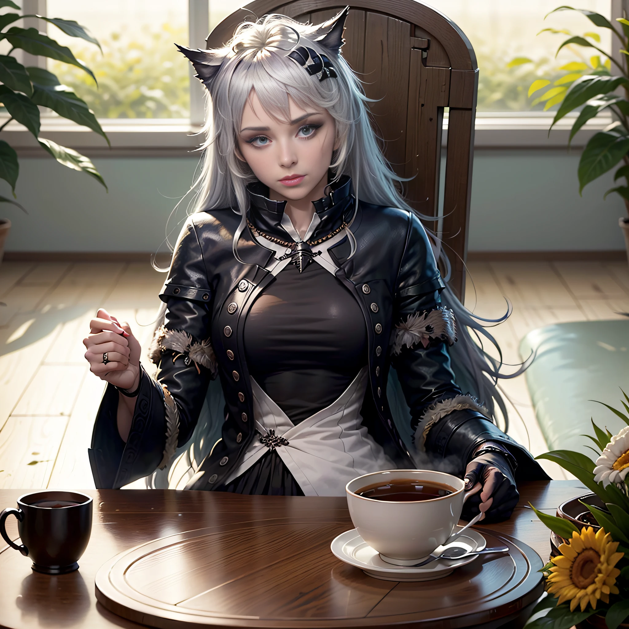 Lapland Arknight, personagem feminina, enjoying a cup of tea at a table, de frente para a janela aberta, with a small bouquet of flowers on the tray next to it.