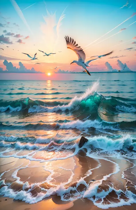Absolutely mesmerizing sunset on the beach with a mix of oranges, pinks and yellows in the sky. The water is crystal clear, gently kissing the shore, and the white sand is endless. The scenes are action-packed and breathtaking, with seagulls soaring high i...