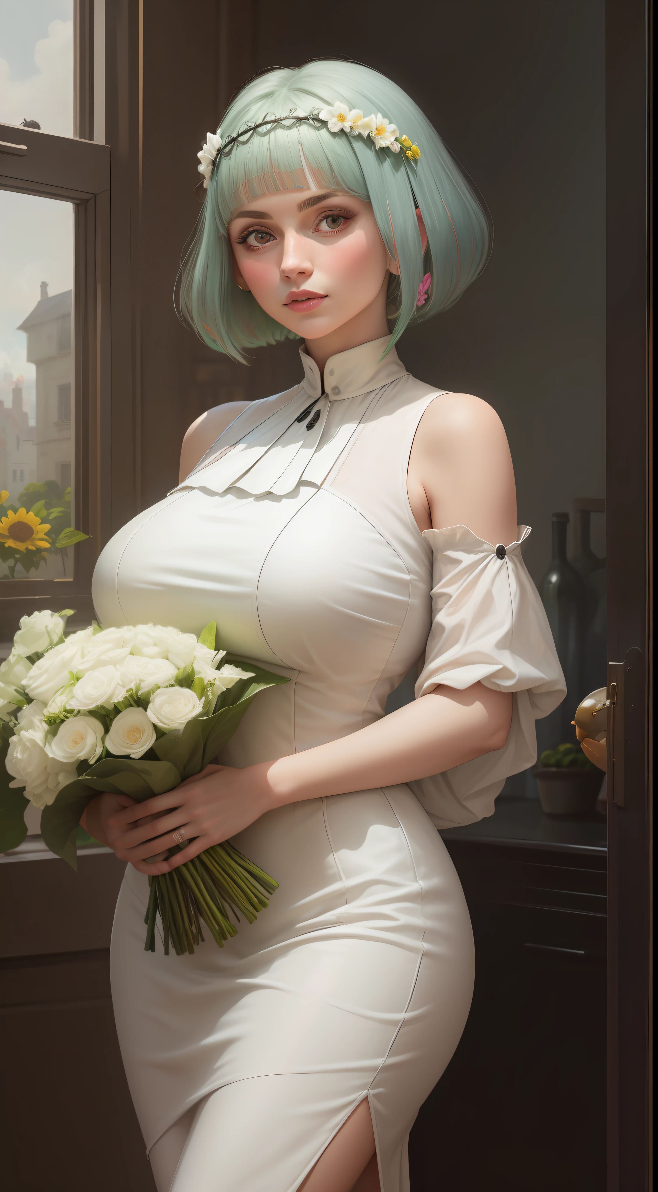 (Best quality), with a big head, face neutral, (ringo with huge breasts:1.2) wearing along white dress，Holding a bouquet of flowers and a bird，In the background is a window, Portrait