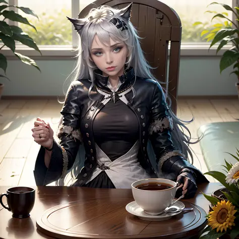 Lapland Arknight, personagem feminina, enjoying a cup of tea at a table, de frente para a janela aberta, with a small bouquet of...